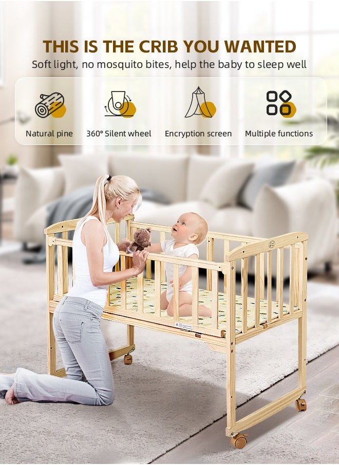 Soft Touch Wodden Baby Crib Multifunctional Baby Bed Baby Cot with Mosquito Net Wood Baby Bedside Crib with Wheels  - Image 3
