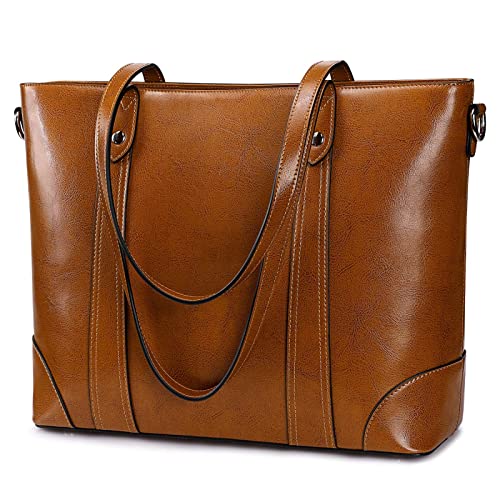 S-ZONE Leather Tote Bag for Women Office Shoulder Handbag 15.6 Inch Work Laptop Briefcase (Brown) - Image 1