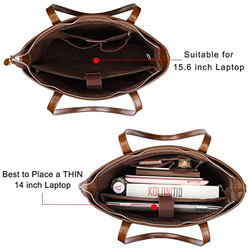 S-ZONE Leather Tote Bag for Women Office Shoulder Handbag 15.6 Inch Work Laptop Briefcase (Brown) - Image 3