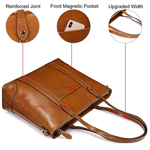 S-ZONE Leather Tote Bag for Women Office Shoulder Handbag 15.6 Inch Work Laptop Briefcase (Brown) - Image 5