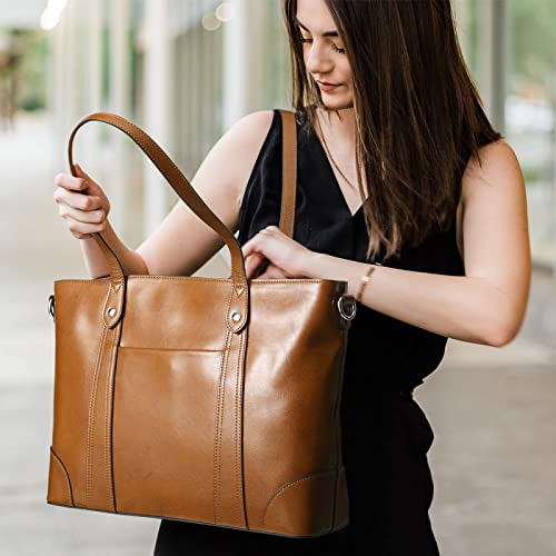 S-ZONE Leather Tote Bag for Women Office Shoulder Handbag 15.6 Inch Work Laptop Briefcase (Brown) - Image 2