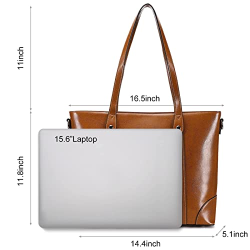 S-ZONE Leather Tote Bag for Women Office Shoulder Handbag 15.6 Inch Work Laptop Briefcase (Brown) - Image 4