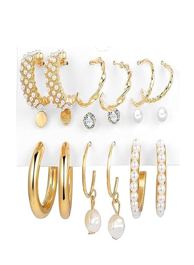 Shivarth 9pairs Huggies Gold-Plated Hoop Earrings Set Stone Pearl Stud Earring Twist Half Open Ear Ring Latest Stylish Drop Earrings Simple Small Bali for Women & Girls - Image 1
