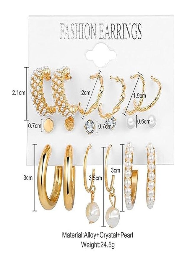 Shivarth 9pairs Huggies Gold-Plated Hoop Earrings Set Stone Pearl Stud Earring Twist Half Open Ear Ring Latest Stylish Drop Earrings Simple Small Bali for Women & Girls - Image 4