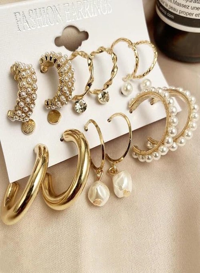 Shivarth 9pairs Huggies Gold-Plated Hoop Earrings Set Stone Pearl Stud Earring Twist Half Open Ear Ring Latest Stylish Drop Earrings Simple Small Bali for Women & Girls - Image 3