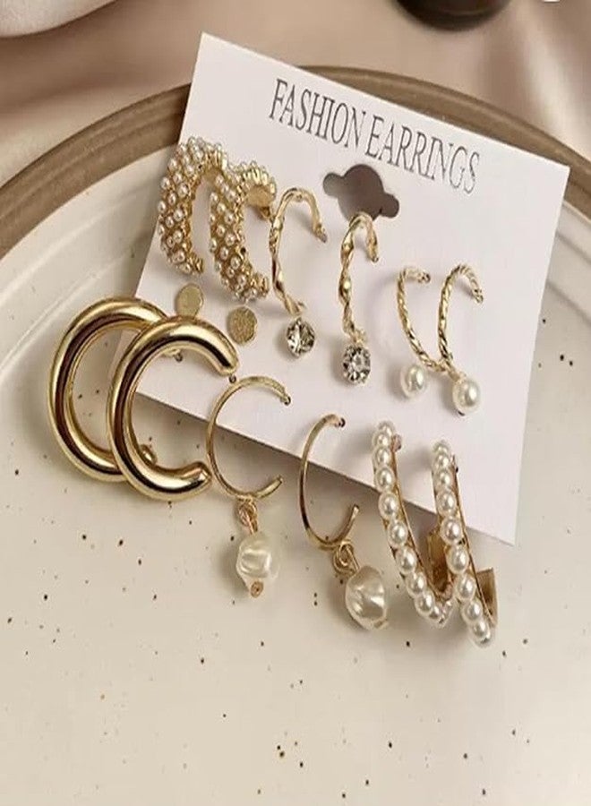Shivarth 9pairs Huggies Gold-Plated Hoop Earrings Set Stone Pearl Stud Earring Twist Half Open Ear Ring Latest Stylish Drop Earrings Simple Small Bali for Women & Girls - Image 2