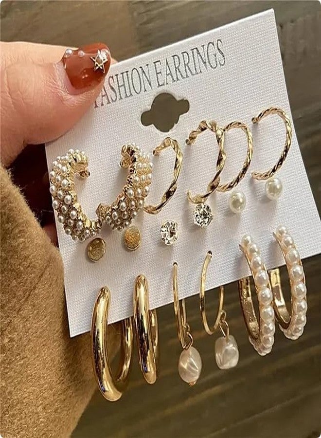Shivarth 9pairs Huggies Gold-Plated Hoop Earrings Set Stone Pearl Stud Earring Twist Half Open Ear Ring Latest Stylish Drop Earrings Simple Small Bali for Women & Girls - Image 5