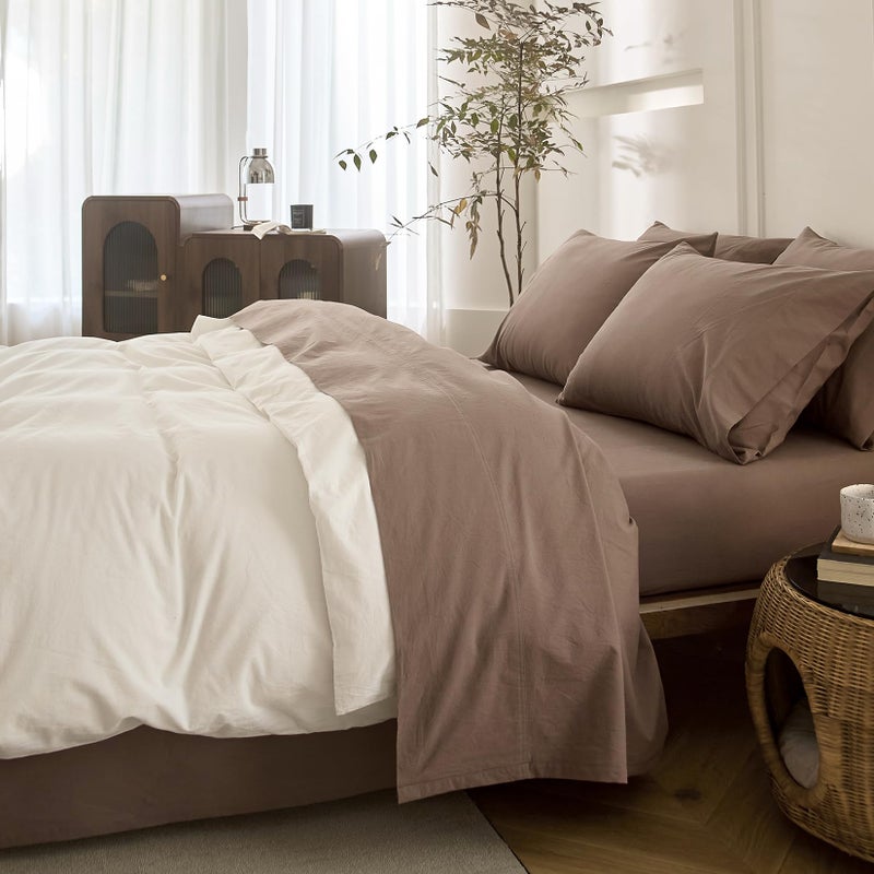 BDEAR 4PS Light Chocolate Brown King Size Bedding Set, Oeko-TEX Standard 100% Washed Cotton Linen Like Bedding Sheet Sets Cover Deep Pocket Fitted Sheet Plus Cozy Flat Sheet and 2 Pillowcases - Image 1