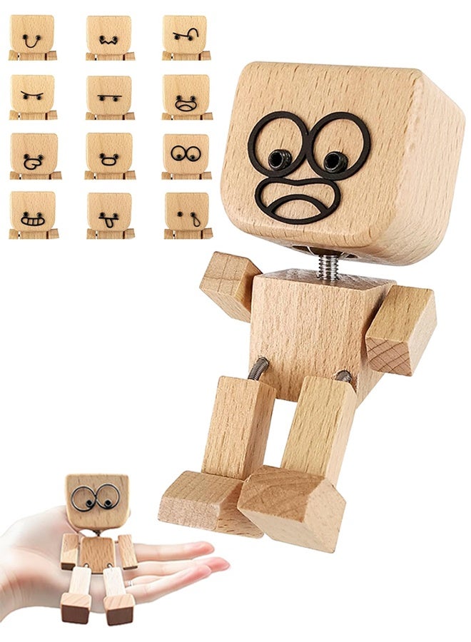 Shaking Wooden Man Figurine,Wooden Figure That Sways with 12pcs Emoticon Magnetic,Shaking Feet Wood Doll,Handmade Wood Shake Auto Ornament,Fun Car Dashboard Accessories & Desk Decor,Travel,Home - Image 1