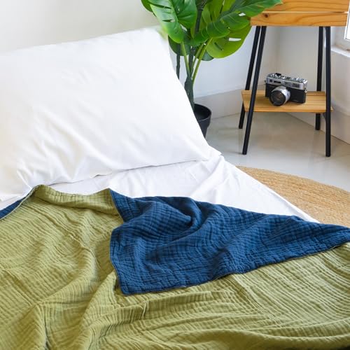Salt Earth 100% Cotton Muslin Blanket, Gauze 55"X75" Twin, 6 Layered for Couch, Bed, Living Room, Home, Lightweight & All Season Blankets & Throws, Easy wash, Skin Friendly (Dress Blue/Mosstone) - Image 3
