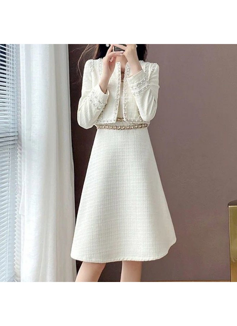 Generic New Tweed Style Long Sleeve Jacket Scarf Womens Fashionable Age-reducing 2-piece Set Sensible Design Sleeveless Dress Single suspender skirt 