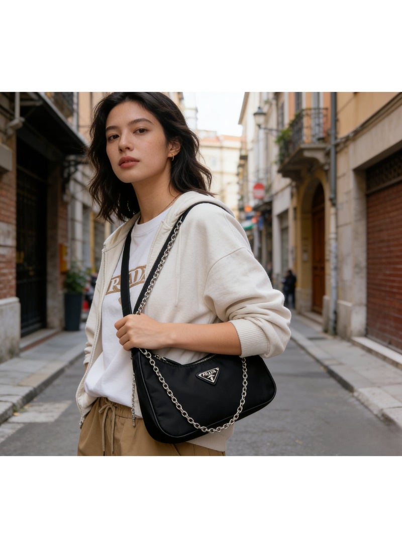 PRADA MILANO Prada Nylon Bag, Women's Classic Bag with Silver Chain - Image 4