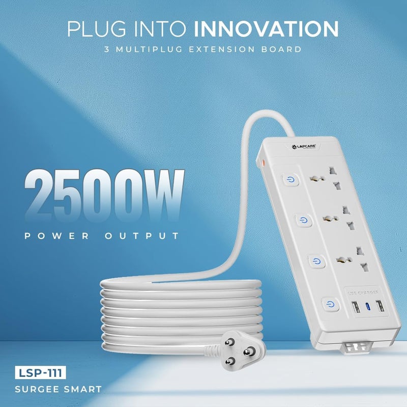 Lapcare Smart Surge Protector with Individual Switch, 250 Volts Extension Board, 3AC Socket 2500W, PD 20w & 2xUSB, 1.5M Copper Cord, Overload Protection, Safety Shutter, Durable PP Body - Image 2