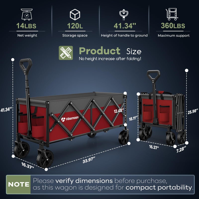 Hikemoon 34'' Extra Long Collapsible Wagons Carts Foldable, 360LBS Heavy Duty Folding Beach Wagon with Wheels, Portable Utility Outdoor Cart for Grocery, Garden, Sports, Camping, Red & Grey - Image 2