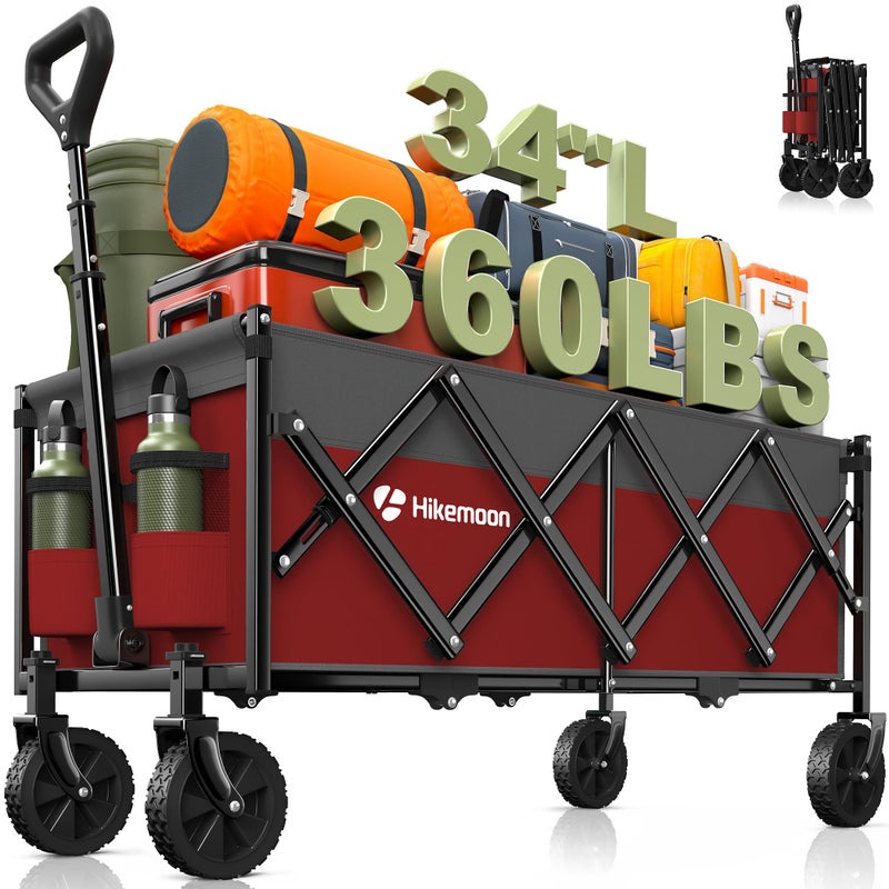 Hikemoon 34'' Extra Long Collapsible Wagons Carts Foldable, 360LBS Heavy Duty Folding Beach Wagon with Wheels, Portable Utility Outdoor Cart for Grocery, Garden, Sports, Camping, Red & Grey - Image 1