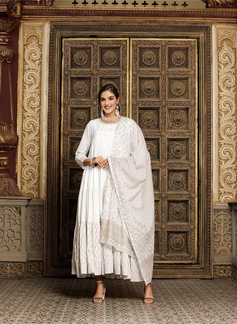 ISHIN  Regular Fit Three-Quarter Sleeve Printed Off White Cotton Woven Dresses For Women Flat Collar Perfect For Wedding And Engagement Pull On Closure for Women | Best Price UAE
