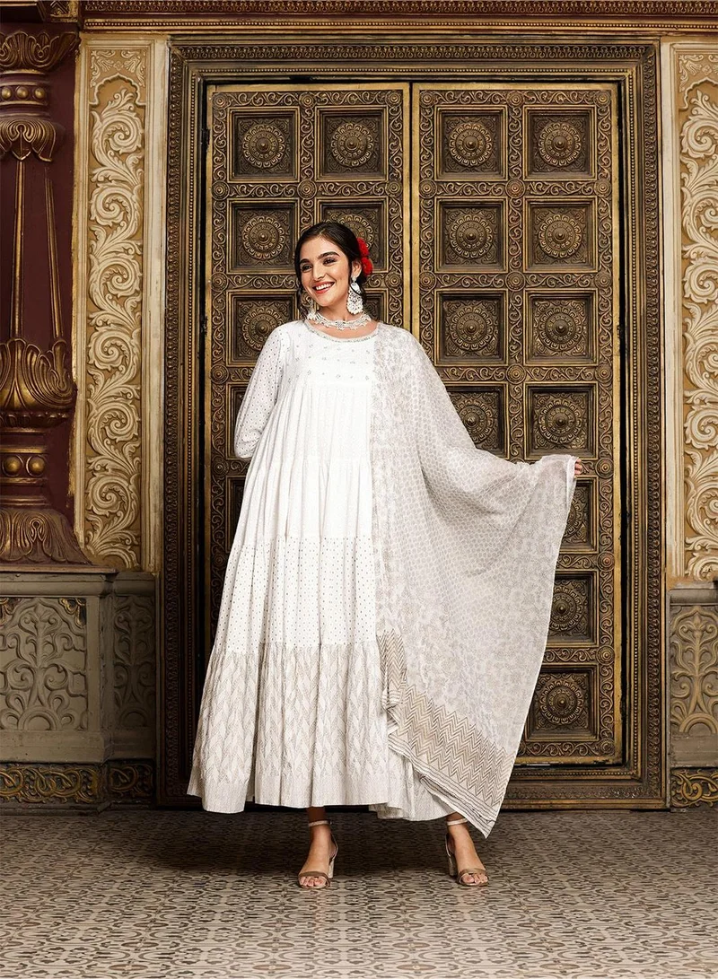 ISHIN  Regular Fit Three-Quarter Sleeve Printed Off White Cotton Woven Dresses For Women Flat Collar Perfect For Wedding And Engagement Pull On Closure for Women | Best Price UAE