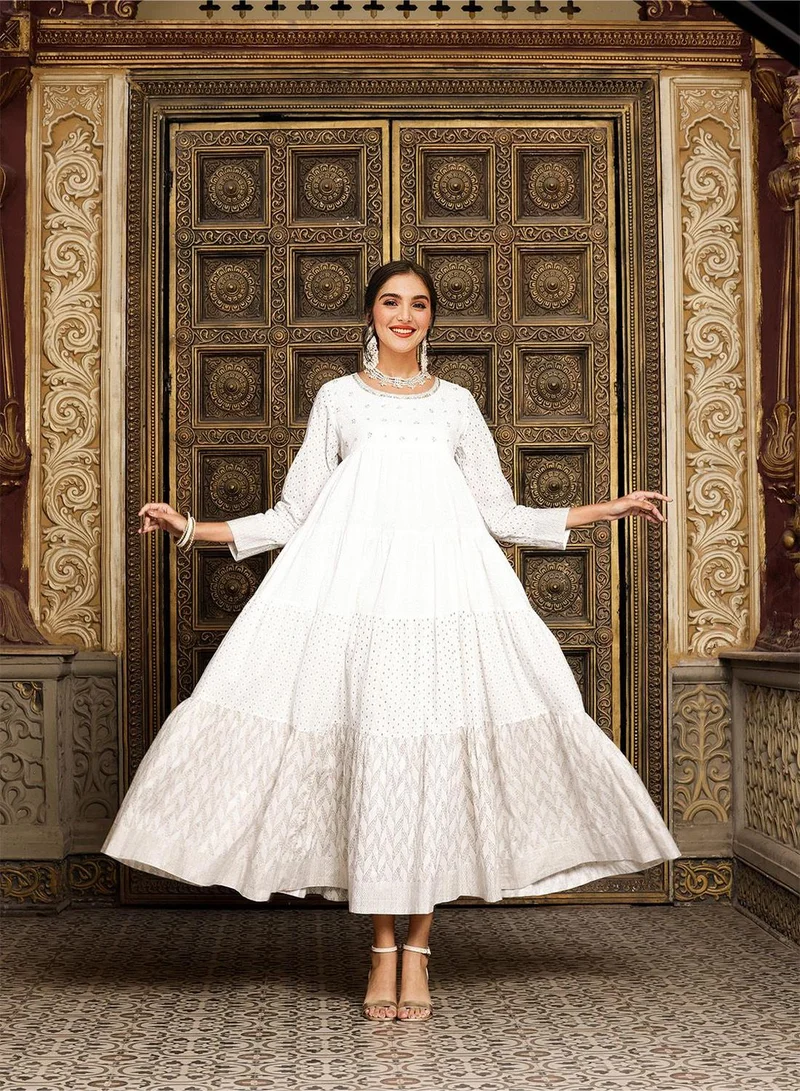 ISHIN  Regular Fit Three-Quarter Sleeve Printed Off White Cotton Woven Dresses For Women Flat Collar Perfect For Wedding And Engagement Pull On Closure for Women | Best Price UAE