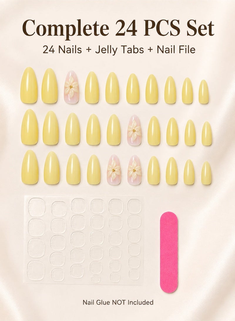 Al Kanzi Pale Yellow Press-On Nails 24 PCS, 3D Floral Wear-On Nails, Hand-Crafted ABS False Nails with Jelly Tabs & Nail File for Daily Party (Nail Glue NOT Included) - Image 5