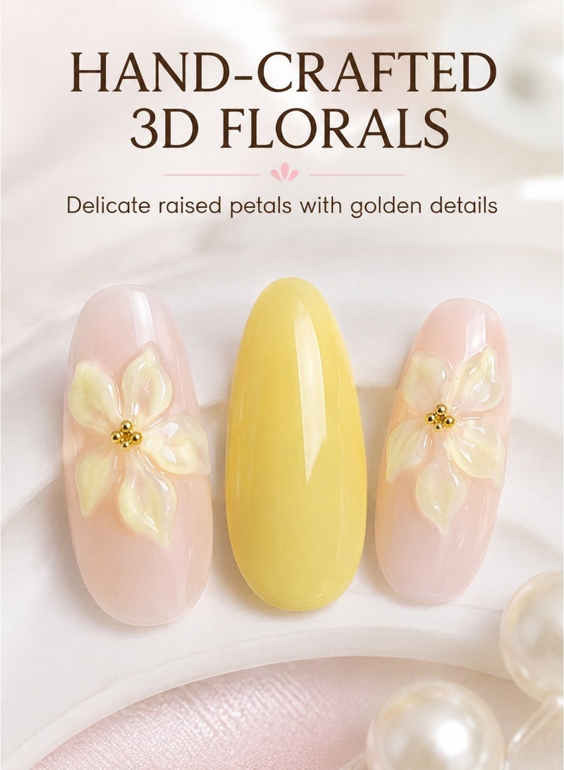 Al Kanzi Pale Yellow Press-On Nails 24 PCS, 3D Floral Wear-On Nails, Hand-Crafted ABS False Nails with Jelly Tabs & Nail File for Daily Party (Nail Glue NOT Included) - Image 3