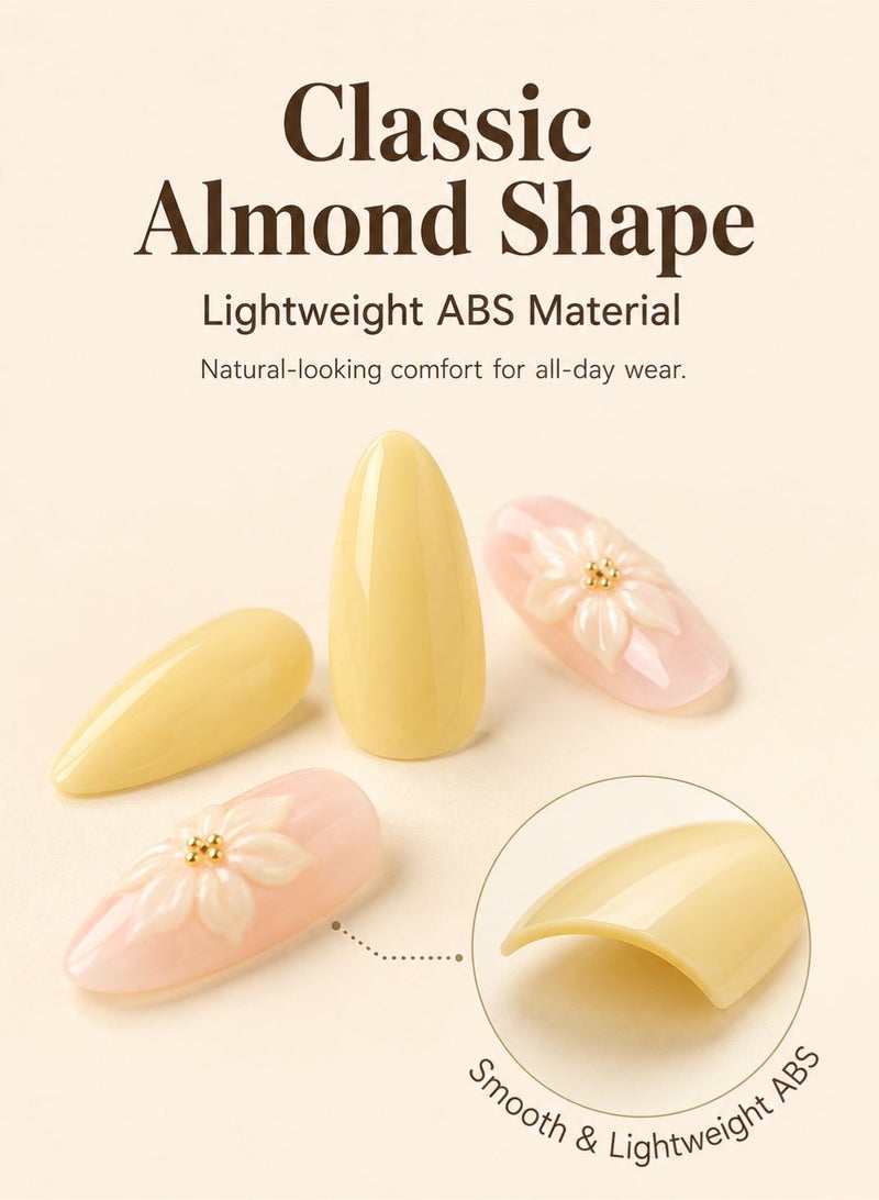 Al Kanzi Pale Yellow Press-On Nails 24 PCS, 3D Floral Wear-On Nails, Hand-Crafted ABS False Nails with Jelly Tabs & Nail File for Daily Party (Nail Glue NOT Included) - Image 4