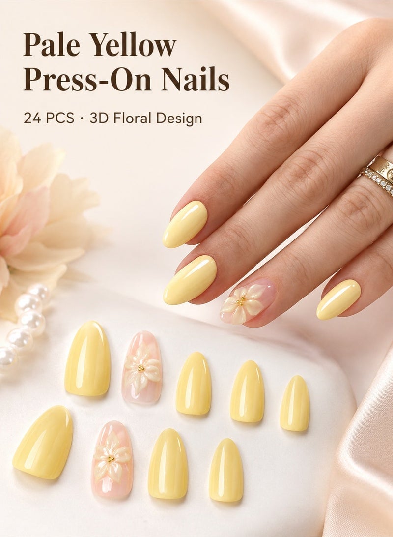 Al Kanzi Pale Yellow Press-On Nails 24 PCS, 3D Floral Wear-On Nails, Hand-Crafted ABS False Nails with Jelly Tabs & Nail File for Daily Party (Nail Glue NOT Included) - Image 1