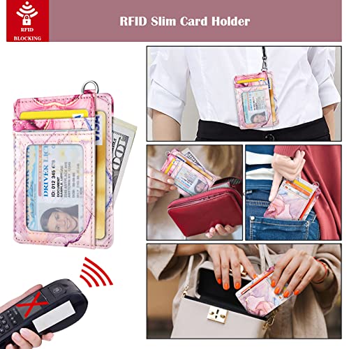 Coco Rossi محفظة كوكو روسي الرفيعة مع جيب أمامي لحامل بطاقة الهوية RFID، محفظة صغيرة لطيفة مع حبال معصم وحامل مفاتيح للنساء، رخام وردي - Image 5