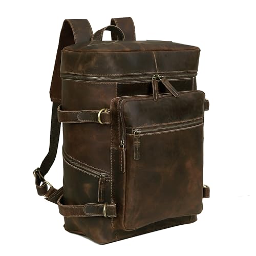 HLC Leather Backpack Genuine Laptop Rucksack For Men Women Genuine Large Capacity Business Retro Travel Camping Daypack Bag (Brown) - Image 1