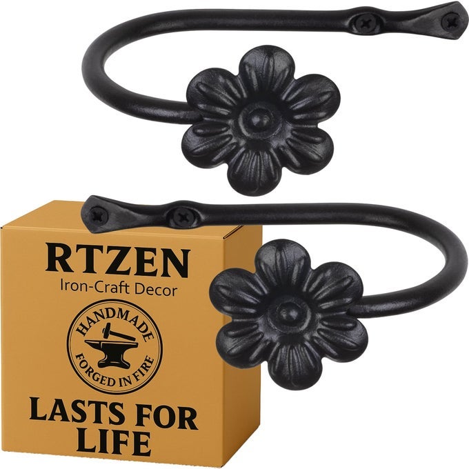 Decorative Metal Curtain Tiebacks Farmhouse Wrought Iron Curtain Holdbacks Drapery Holders for Wall Unique Metal Tie Backs for Curtains 2 Pcs Black Flower