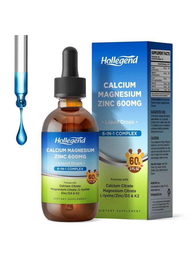 Hollegend قطرات هوليجند من سترات الكالسيوم السائل مع L-لايسين 500 ملغ، مغنيسيوم وزنك، مكمل سترات الكالسيوم 600 ملغ مع فيتامين D3 و K2 للأطفال والبالغين، 2 أونصة سائلة - Image 1