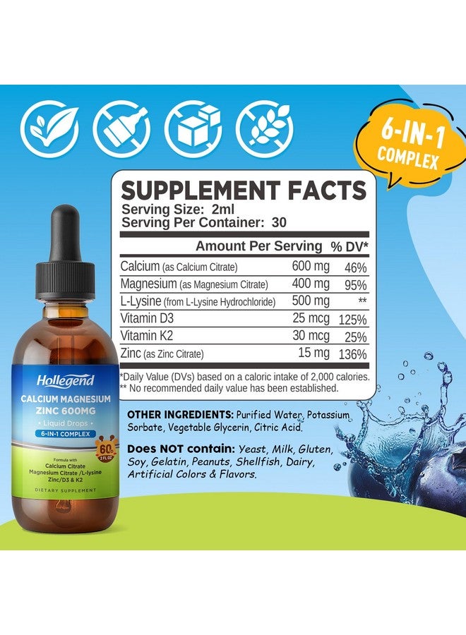 Hollegend قطرات هوليجند من سترات الكالسيوم السائل مع L-لايسين 500 ملغ، مغنيسيوم وزنك، مكمل سترات الكالسيوم 600 ملغ مع فيتامين D3 و K2 للأطفال والبالغين، 2 أونصة سائلة - Image 2