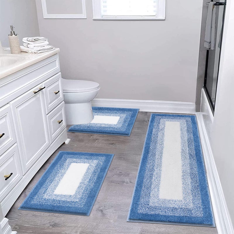Bsmathom Bathroom Rug Set 3 Piece NonSlip Plush Shaggy Bath Mat Soft and Absorbent Microfiber Bath Rugs for Bathroom Tub and Shower Machine WashableBlue