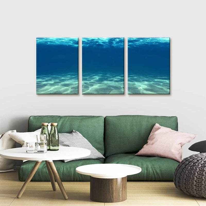 Pacimo Blue Ocean Bottom Canvas Wall Art for Living Room Beach Framed Wall Decor Seaview Pictures Painting on Canvas Modern Giclee Canvas Prints Artwork for Home Decoration - 12 x 16 inch x 3 - Image 2