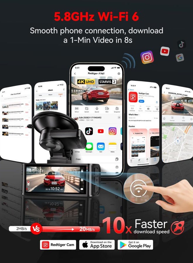 REDTIGER 4K Dash Cam Car Front Rear Touchscreen 3.18 Inch Free 64GB Map Dash Cam Car Integrated WiFi GPS, UHD 2160P Night Vision, WDR, Parking Monitor (F7N Touch) - Image 5