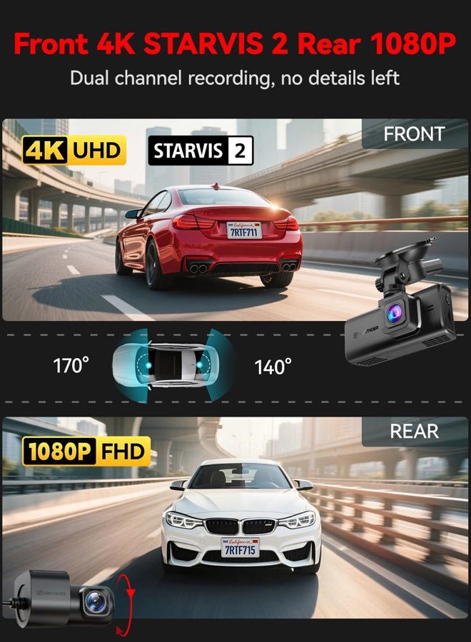 REDTIGER 4K Dash Cam Car Front Rear Touchscreen 3.18 Inch Free 64GB Map Dash Cam Car Integrated WiFi GPS, UHD 2160P Night Vision, WDR, Parking Monitor (F7N Touch) - Image 2