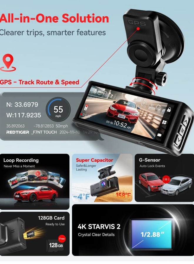REDTIGER 4K Dash Cam Car Front Rear Touchscreen 3.18 Inch Free 64GB Map Dash Cam Car Integrated WiFi GPS, UHD 2160P Night Vision, WDR, Parking Monitor (F7N Touch) - Image 3