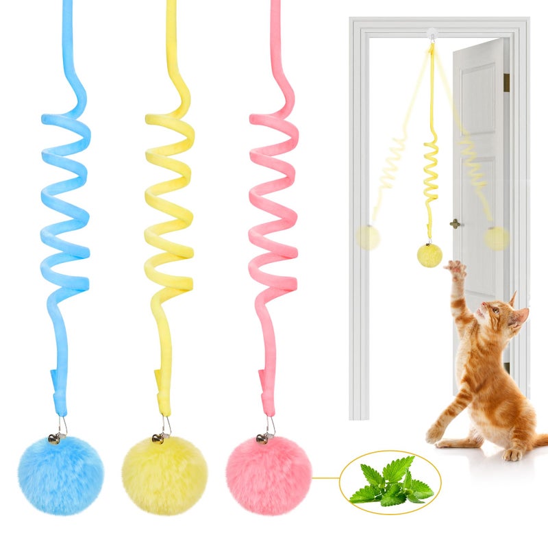 Potaroma Hanging Fluffy Cat Catnip Ball Toys 3 Pcs with Bell Interactive Cat Teaser Retractable Toys Indoor Kitten Play Chase Exercise Physical Stimulation - Image 2