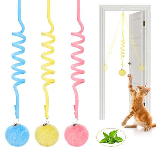 Potaroma Hanging Fluffy Cat Catnip Ball Toys 3 Pcs with Bell Interactive Cat Teaser Retractable Toys Indoor Kitten Play Chase Exercise Physical Stimulation - Image 1