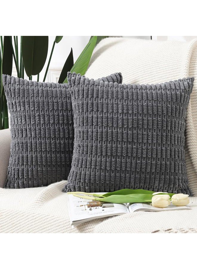 Madizz Set of 2 Corduroy Striped Boho Cushion Covers Decorative Soft Cushion Cover for Sofa Bedroom Dark Grey 40x40cm - Image 1