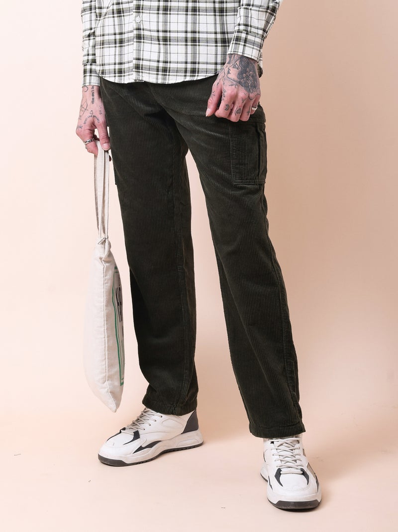 British Club Men Olive Straight Fit Corduroy Cargo Trousers - Image 4