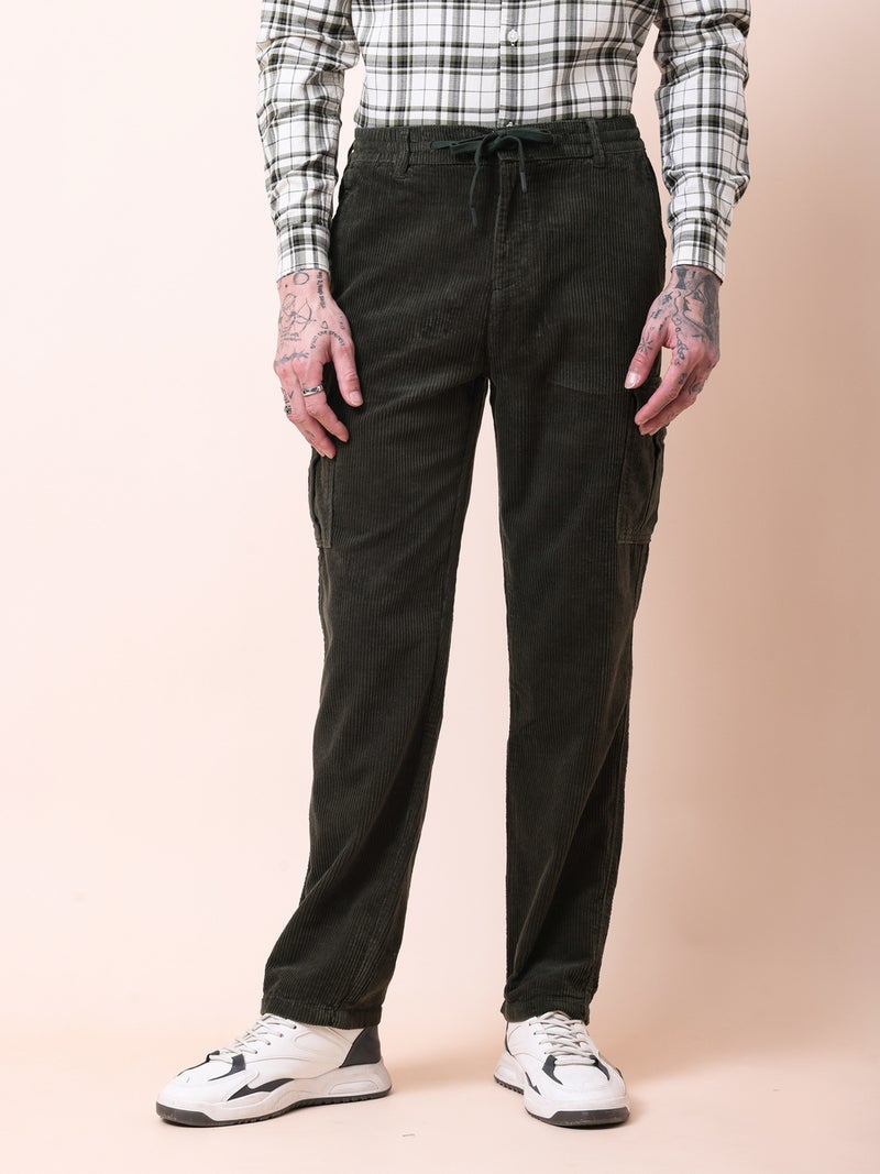 British Club Men Olive Straight Fit Corduroy Cargo Trousers - Image 1