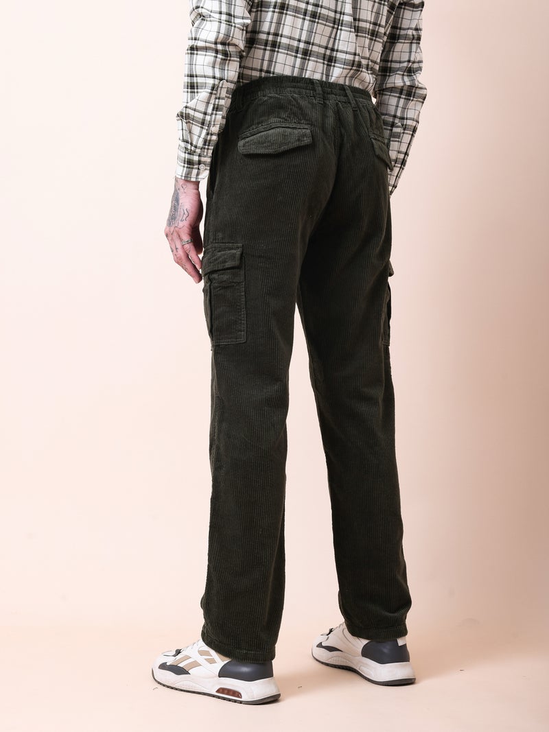 British Club Men Olive Straight Fit Corduroy Cargo Trousers - Image 2