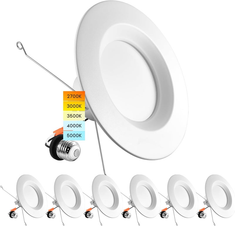 LUXRITE 5/6 Inch LED Recessed Retrofit Downlight, 14W=90W, CCT Color Selectable 2700K | 3000K | 3500K | 4000K | 5000K, Dimmable Can Light, 1100 Lumens, Wet Rated, Energy Star, Smooth Trim (6 Pack) - Image 1