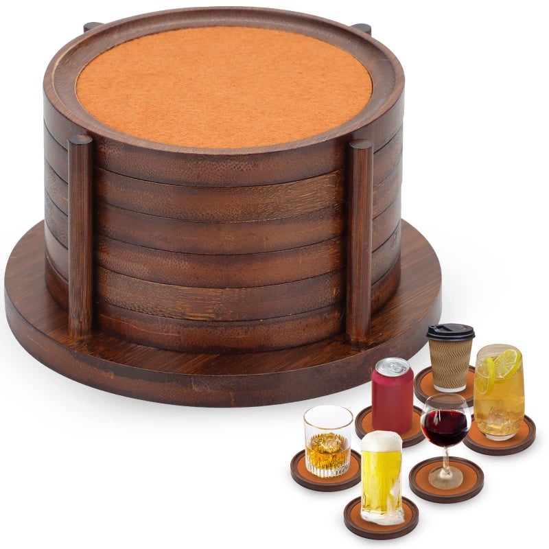 MinBoo Bamboo Coasters for Coffee Table Set of 6 Coasters for Drinks Absorbent with Holder Coffee Table Decor for Tabletop Protection Gifts for House Warming New Home & Wedding (Dark Brown 6Pcs) - Image 1