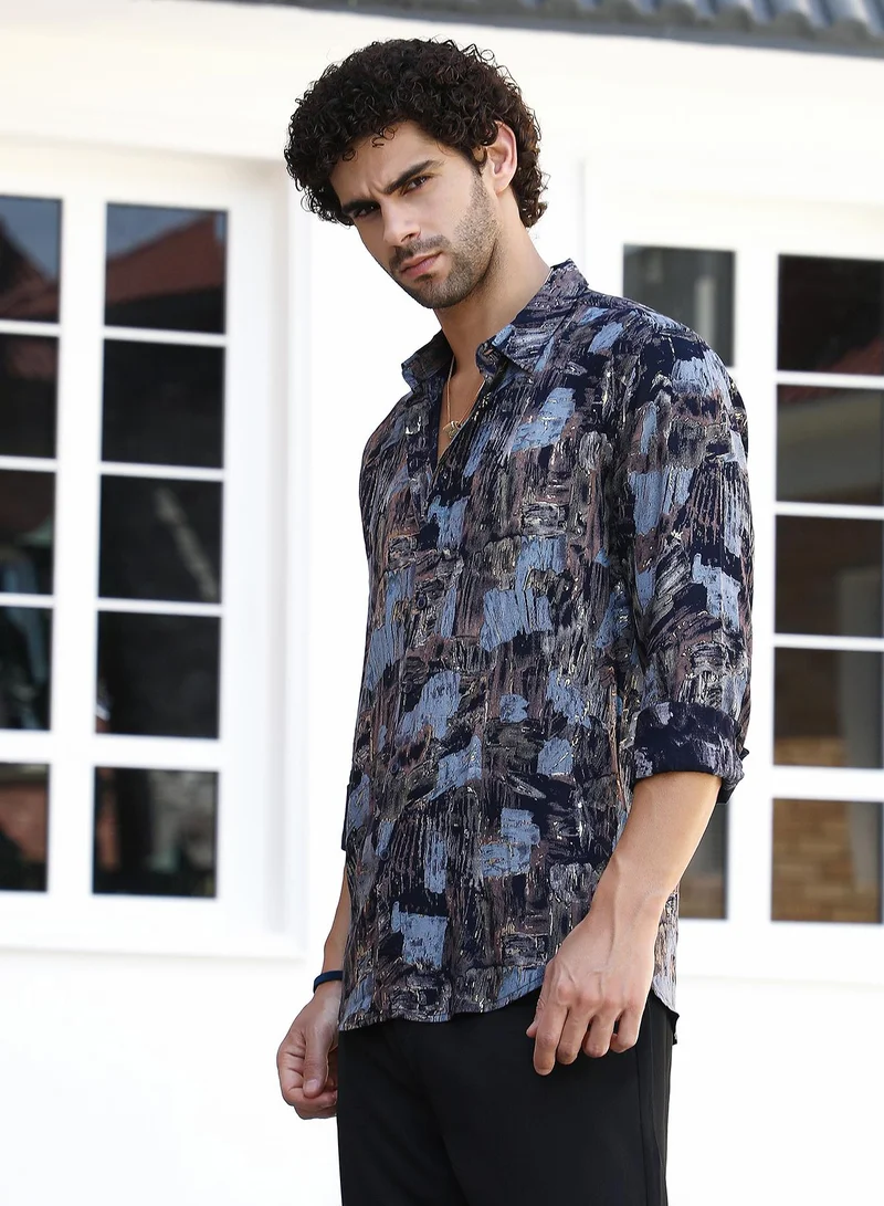 Campus Sutra Men's Onyx Black & Steel Blue Foil-Impressions Regular Shirt