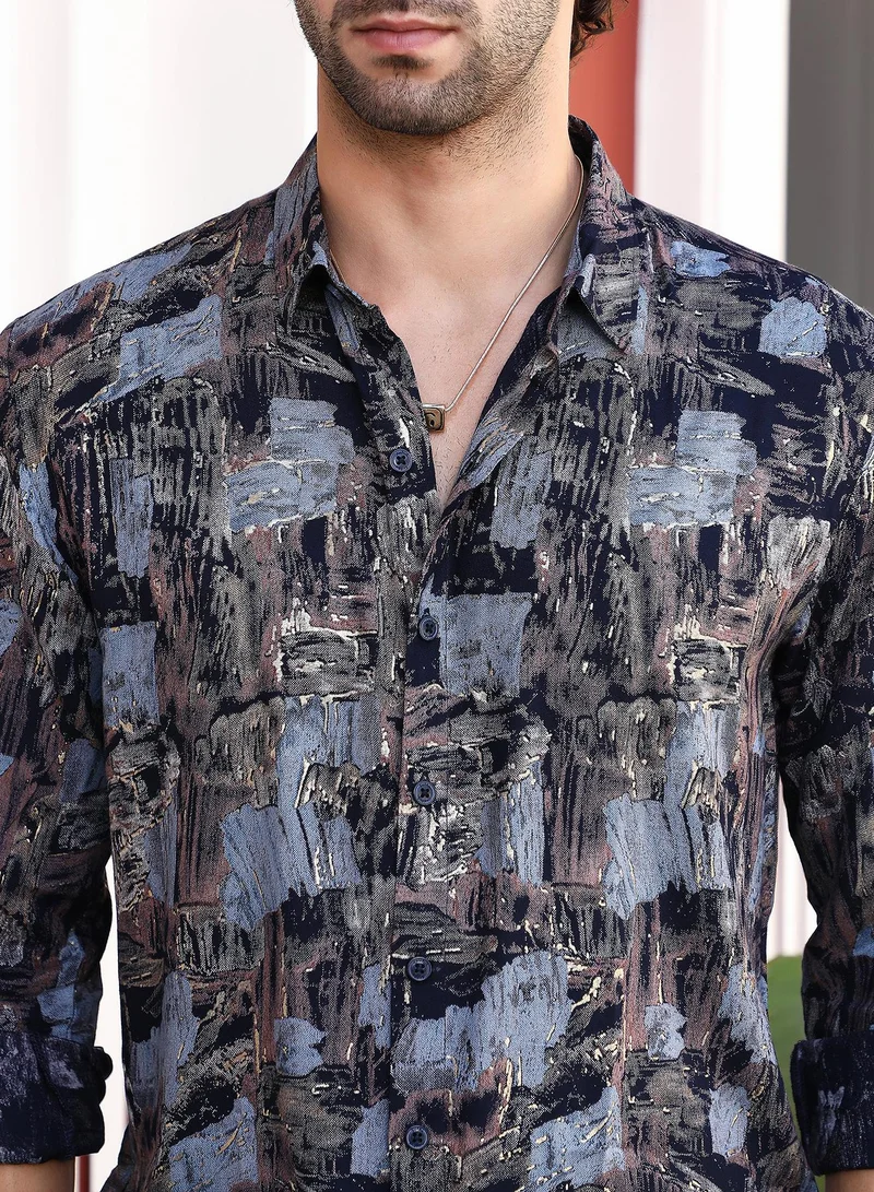 Campus Sutra Men's Onyx Black & Steel Blue Foil-Impressions Regular Shirt