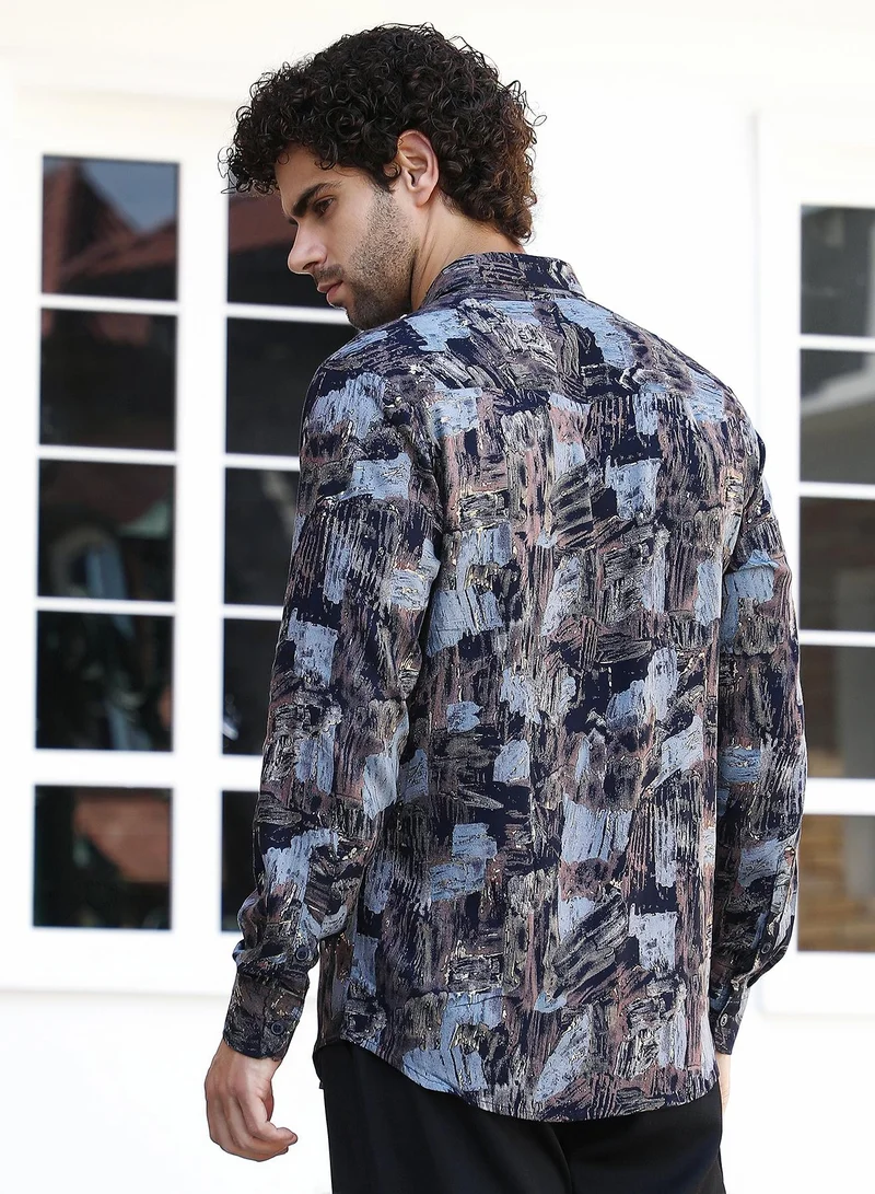 Campus Sutra Men's Onyx Black & Steel Blue Foil-Impressions Regular Shirt