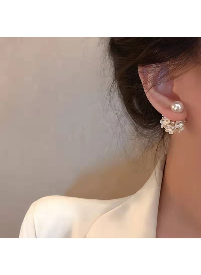 أقراط فضية إبرة زركون لؤلؤة زهرة فرنسية ريترو صدفية أقراط كروية ذات مزاج جنية فائقة متعددة الاستخدامات - Image 1