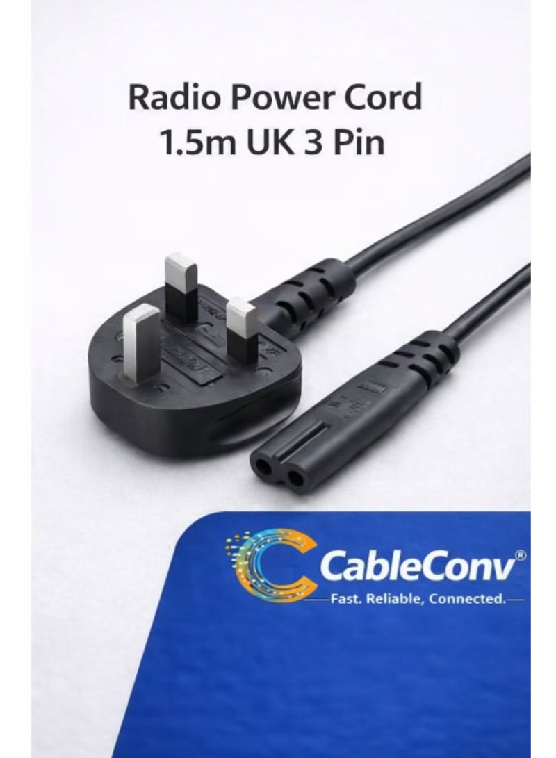 ​كابل كونف Radio Power Cord 1.5m UK 3 Pin Plug to IEC Connector – Durable Replacement Cable Black - Image 1