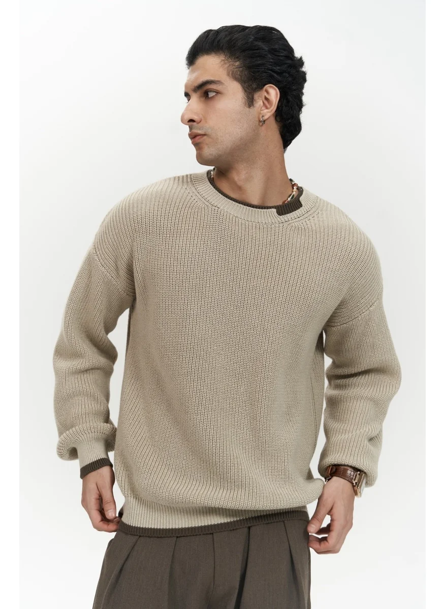 Mai Collection Carter Double Collar Detailed Beige Men's Knitwear Sweater